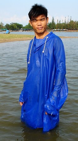 long cagoule wading into the lake